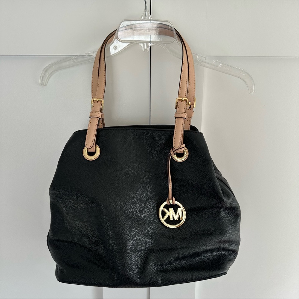 Like New! Michael Kors Black Leather Shoulder Bag with Gold Accents